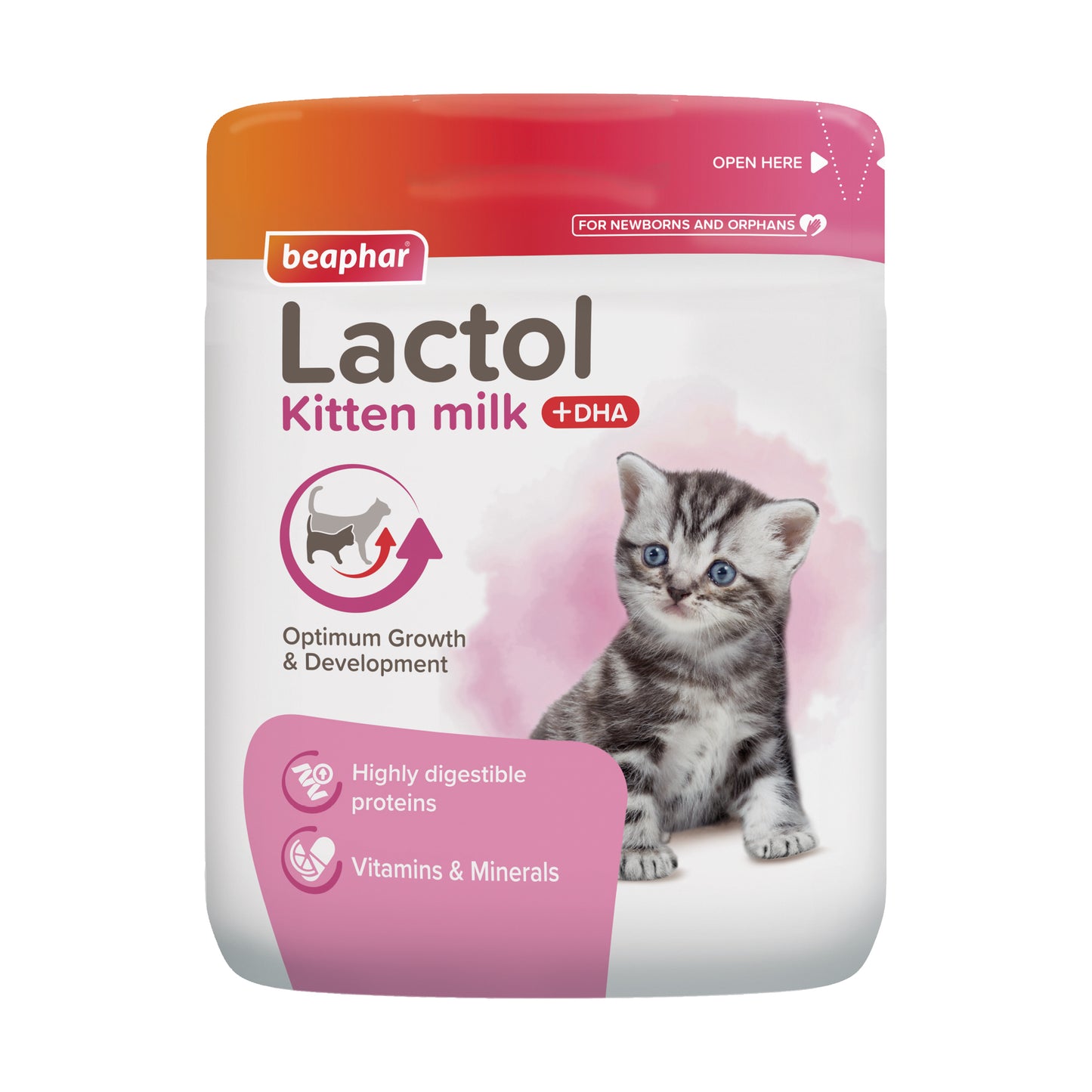 Tub of Beaphar Lactol Kitten Milk showing the "with DHA" label and kitten imagery.