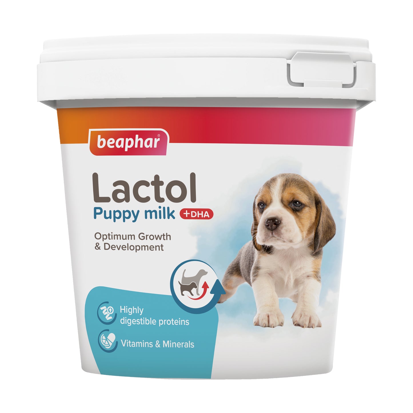 A tub of Beaphar Lactol Puppy Milk showing the "Trusted for over 100 years" seal and the puppy developmental benefits.