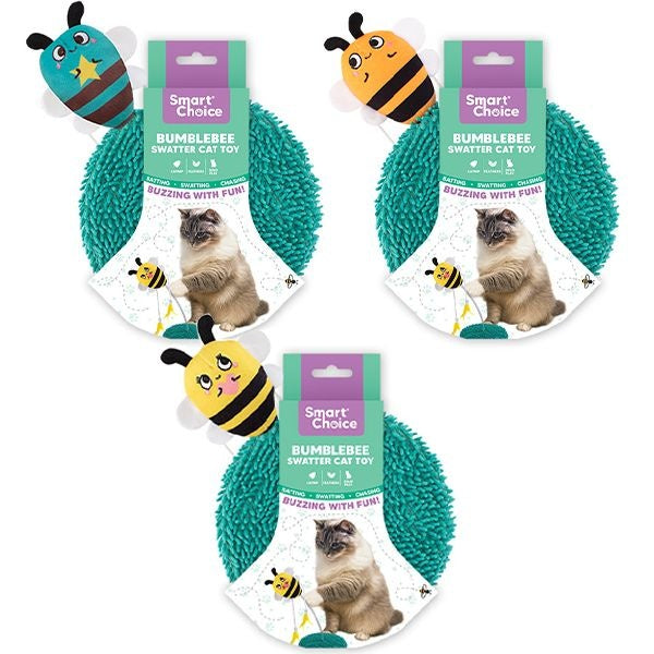 Smart Choice Bumblebee Swatter cat toy in three bee designs on teal pads