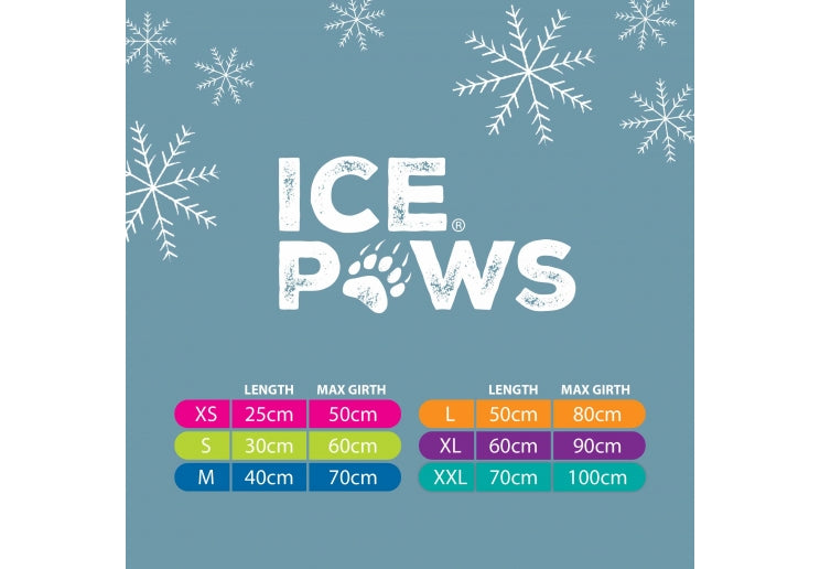 Ice Paws product packaging with size chart on a blue background with snowflakes.