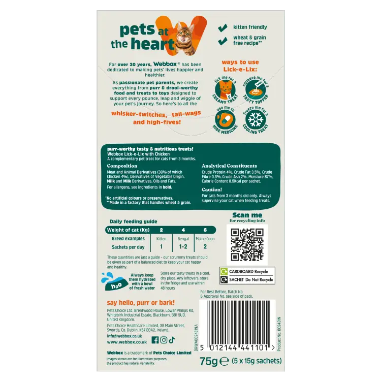 Webbox Lick-e-Lix Chicken Cat Treats 5 Pack back of carton