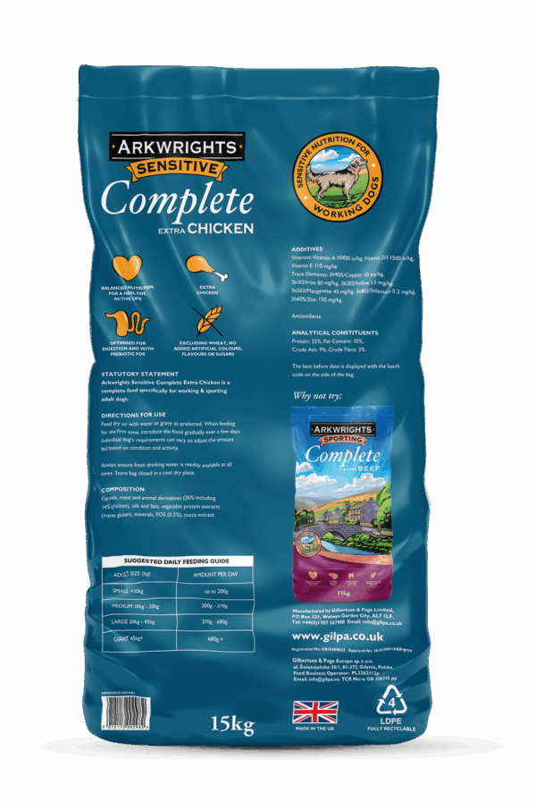 Arkwrights Complete Sensitive Extra Chicken Working Dog Food - back of pack