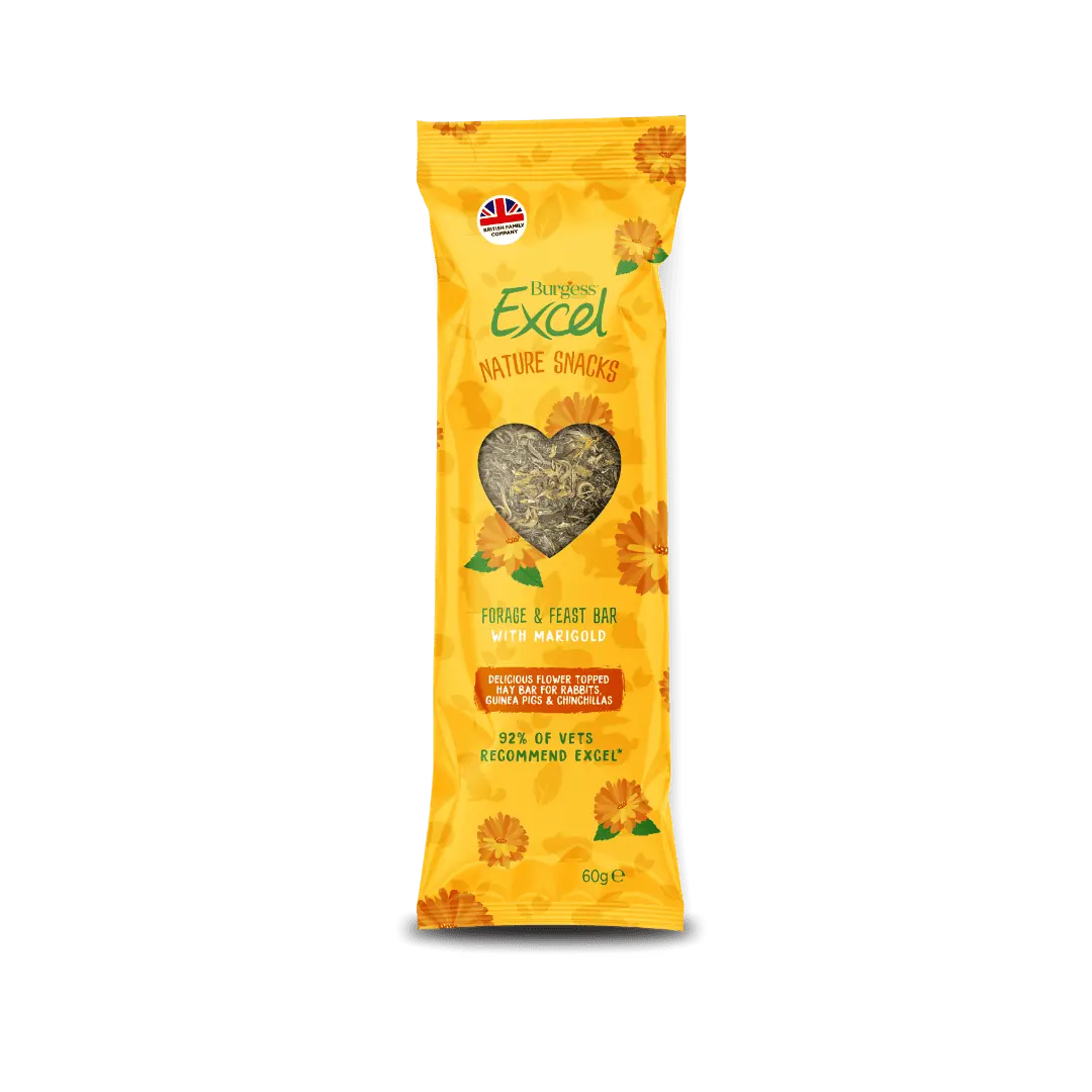 A compressed Burgess Excel meadow hay forage bar topped with bright golden-yellow marigold petals.