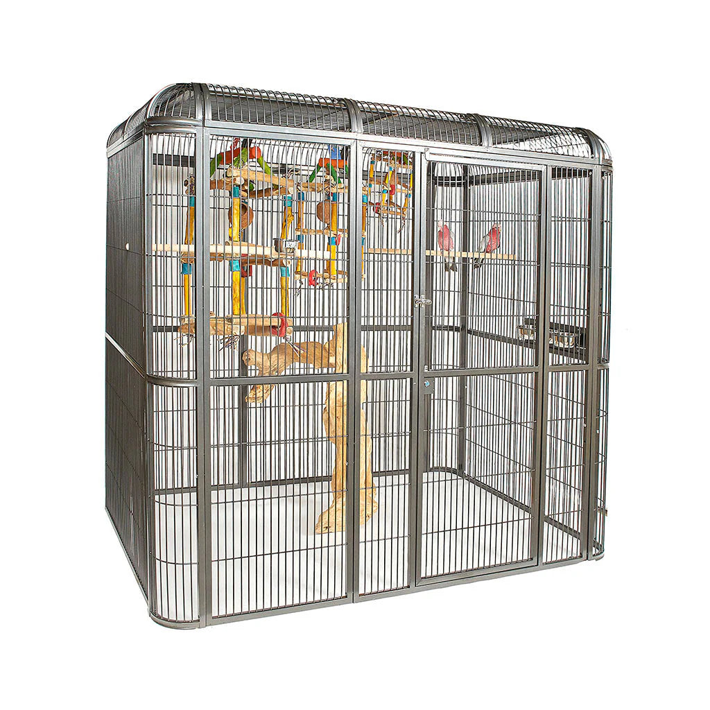 A massive, charcoal-black Rainforest Cages 1516 walk-in parrot aviary featuring heavy-duty mesh panels and a large front security door
