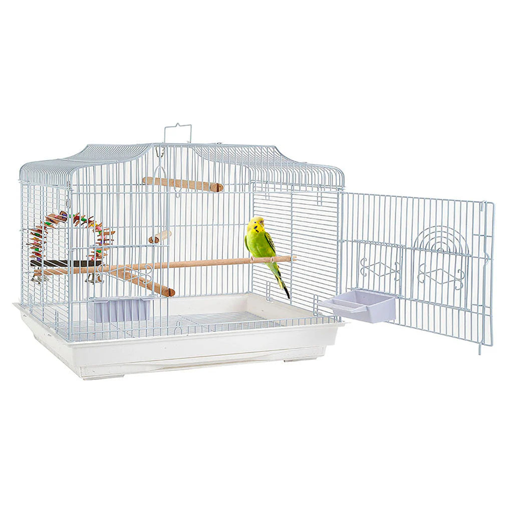 Arched-top white Rainforest Puerto Rica bird cage with stand and pull-out tray.