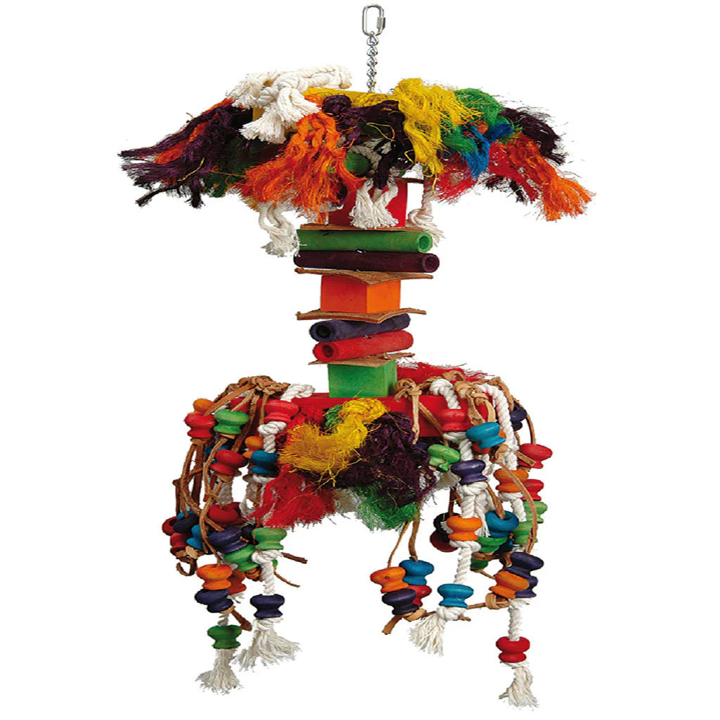 A large Adventure Bound The Rocket parrot toy featuring colourful hanging wood blocks, woven bamboo tubes, and thick cardboard rolls.