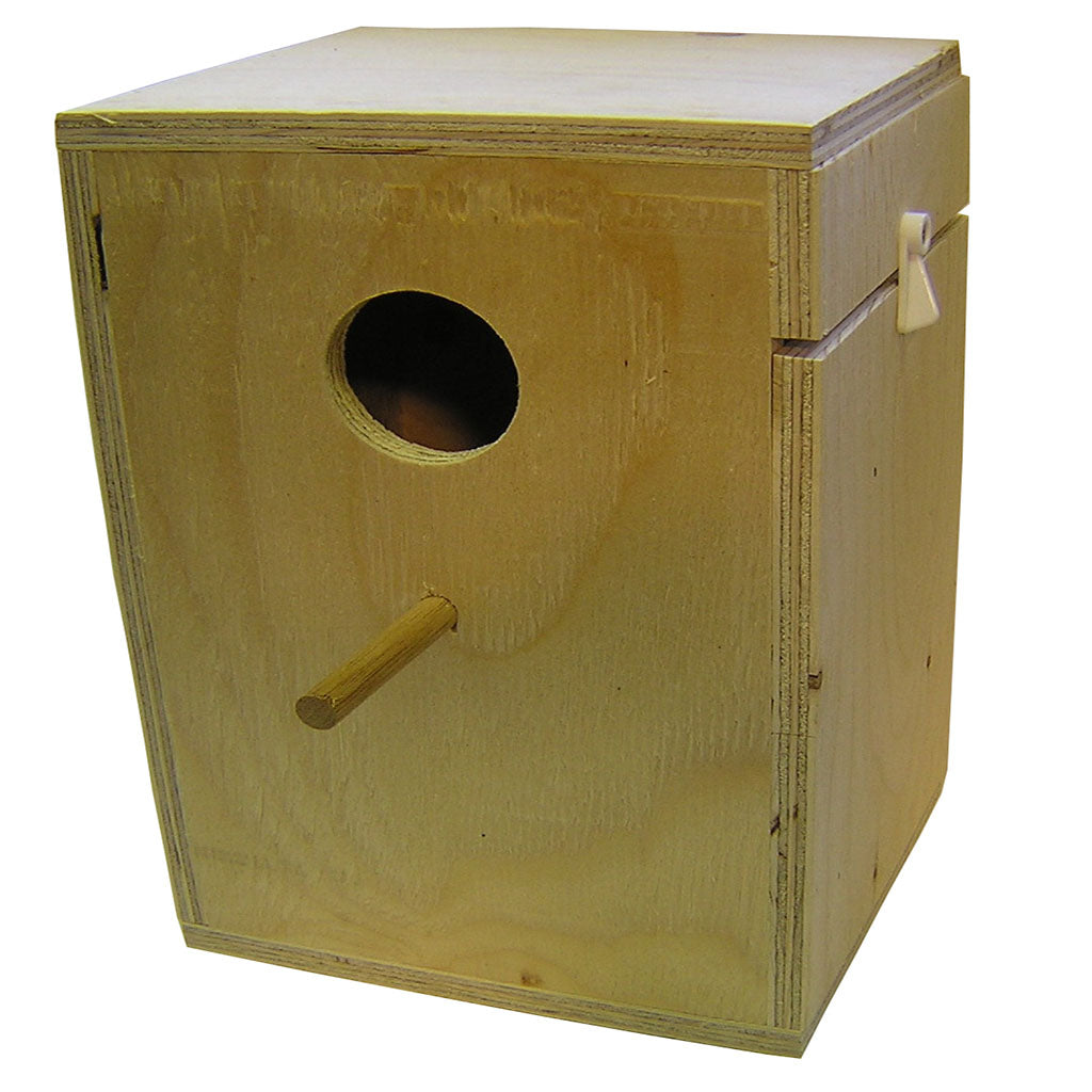 Tall small parakeet nest box measuring 19cm wide by 26.5cm high.