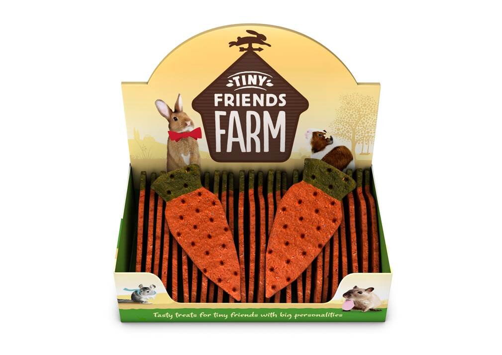 A pack of Tiny Friends Farm Giant Carrots, showing the large, orange, carrot-shaped baked treats for small animals available at Fur & Feathers Grimsby.