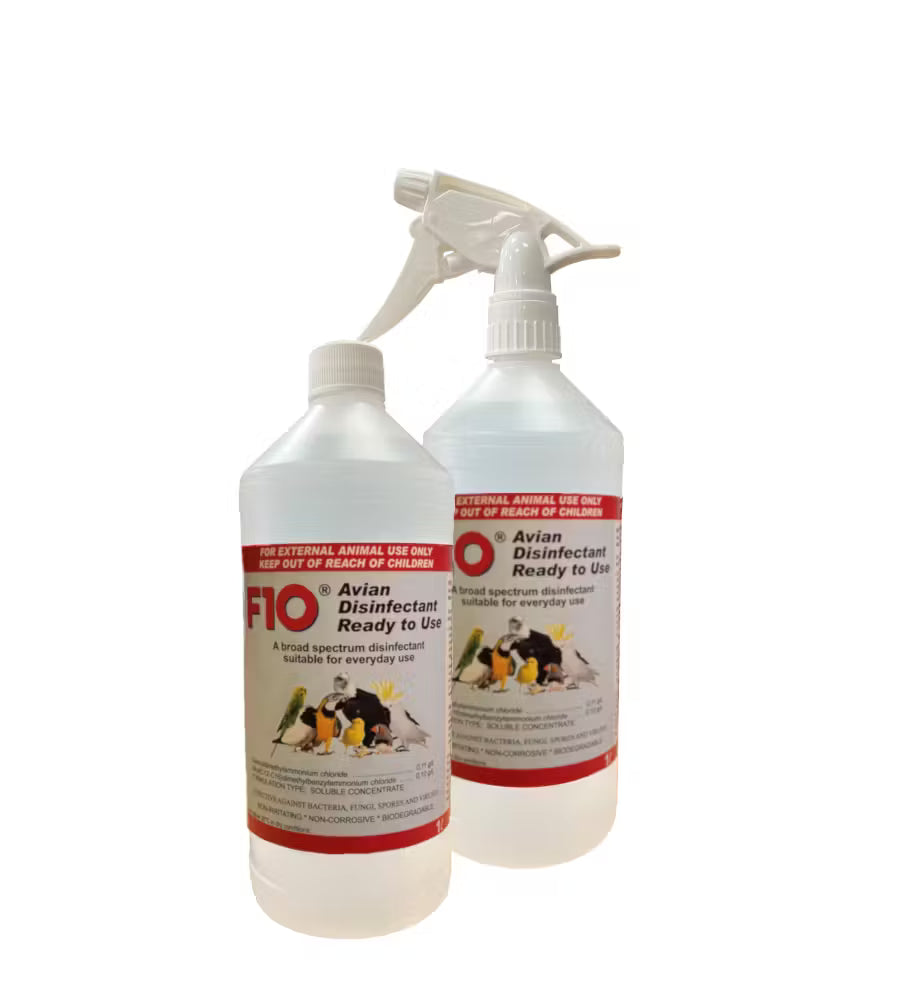 A bottle of F10 Ready to Use Avian Disinfectant with a green trigger spray nozzle and clear product instruction label.
