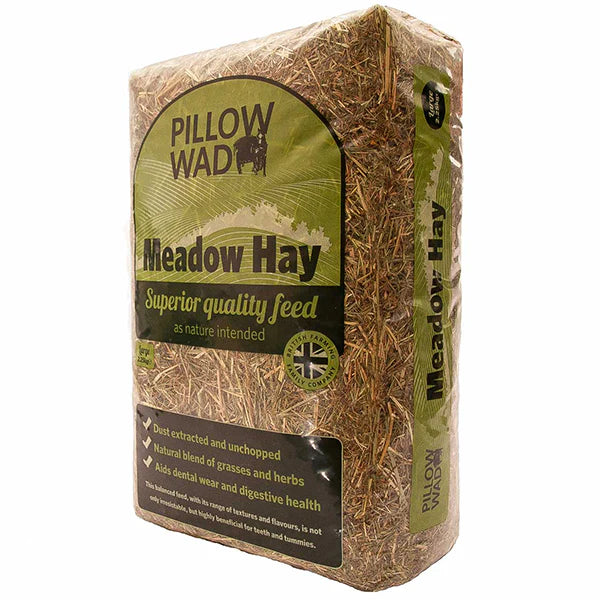 Pillow Wad Meadow Hay bag, showing long-strand green British hay for rabbits and guinea pigs, available at Fur & Feathers Grimsby.