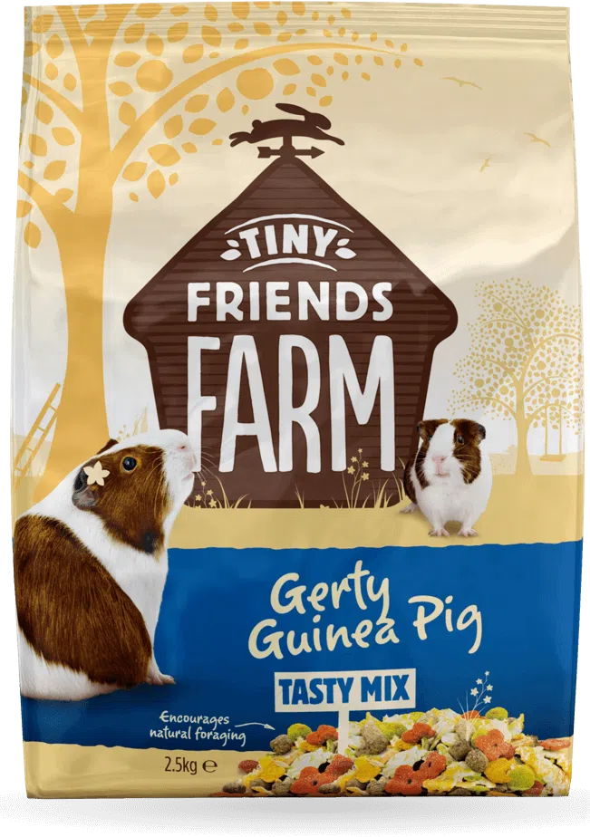 A bag of Gerty Guinea Pig Tasty Mix, showing the colourful and varied food blend designed for guinea pigs.