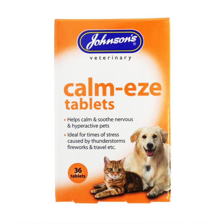 Johnson's Calm-eze calming tablets for dogs and cats, used to help pets stay calm during fireworks