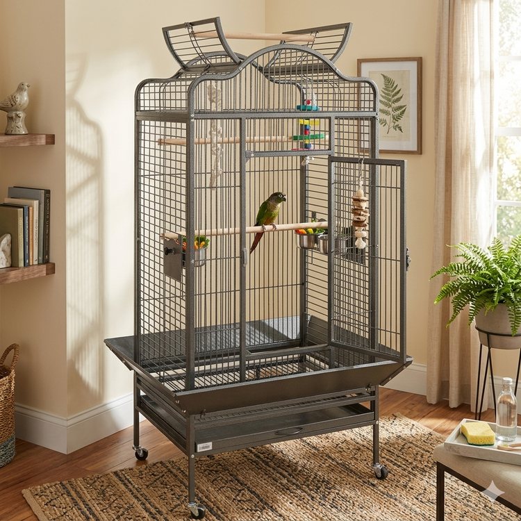 A Liberta Voyager bird cage in Antique finish, showing the open-top play area and the secure front door lock.