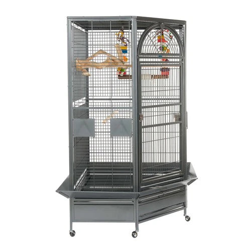 Rainforest Toronto II corner parrot cage in Antique finish, showing the large front door and hexagonal corner design.
