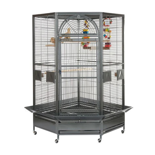 Rainforest Toronto II corner parrot cage in Antique finish, showing the large front door and hexagonal corner design.
