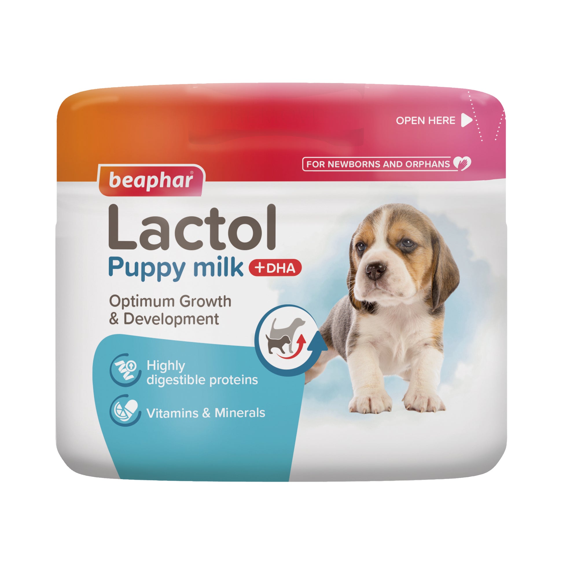 A tub of Beaphar Lactol Puppy Milk showing the "Trusted for over 100 years" seal and the puppy developmental benefits.