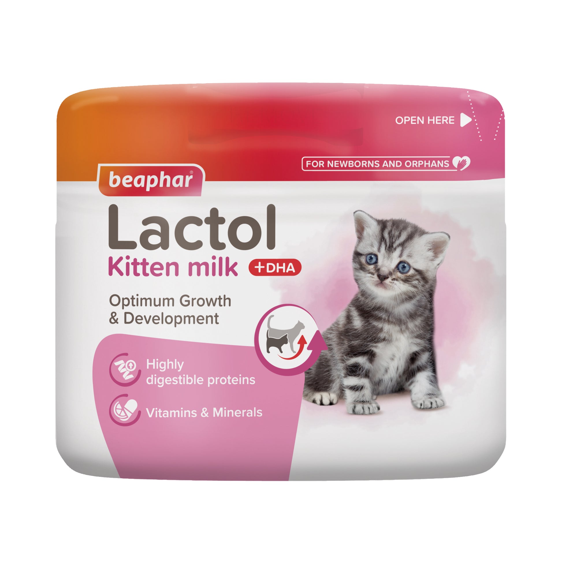 Tub of Beaphar Lactol Kitten Milk showing the "with DHA" label and kitten imagery.