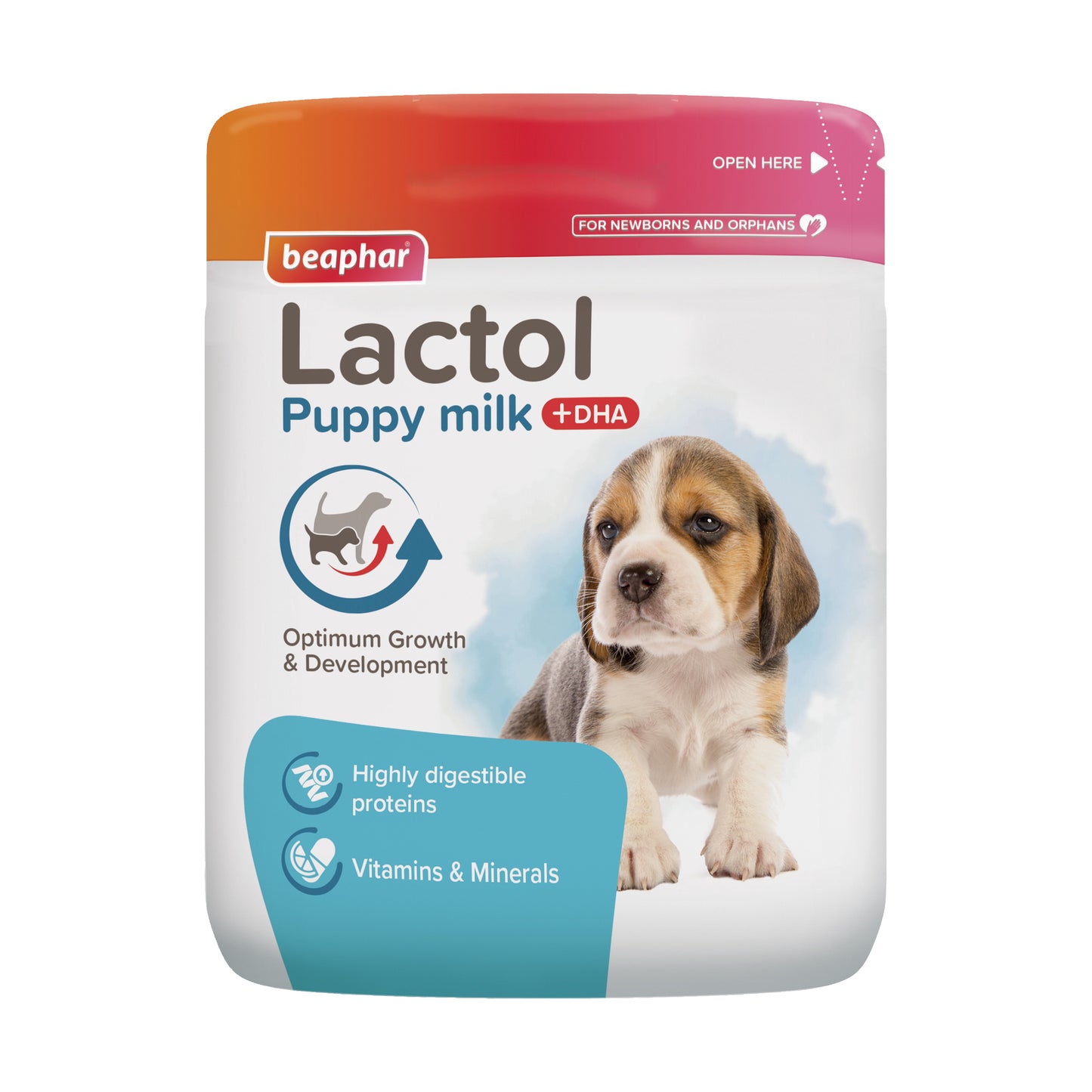 A tub of Beaphar Lactol Puppy Milk showing the "Trusted for over 100 years" seal and the puppy developmental benefits.