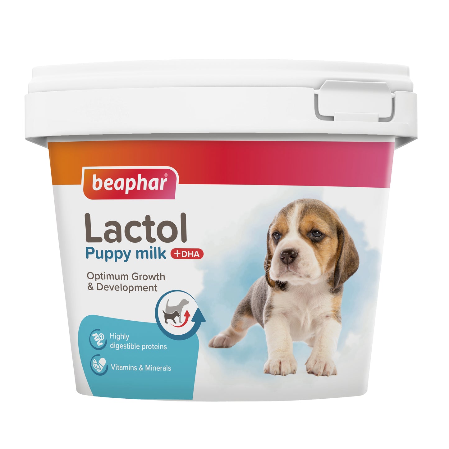 A tub of Beaphar Lactol Puppy Milk showing the "Trusted for over 100 years" seal and the puppy developmental benefits.