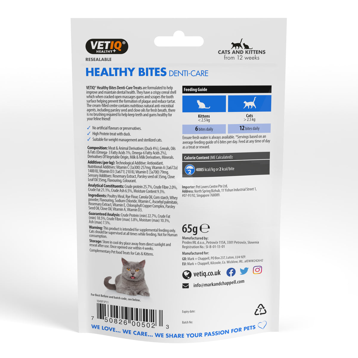 VETIQ Healthy Bites Denti-Care cat treats 65g pack back