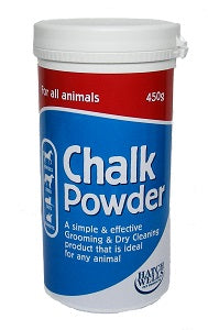 A tub of Hatchwells Chalk Powder for dogs, used for whitening white-coated breeds and professional grooming.