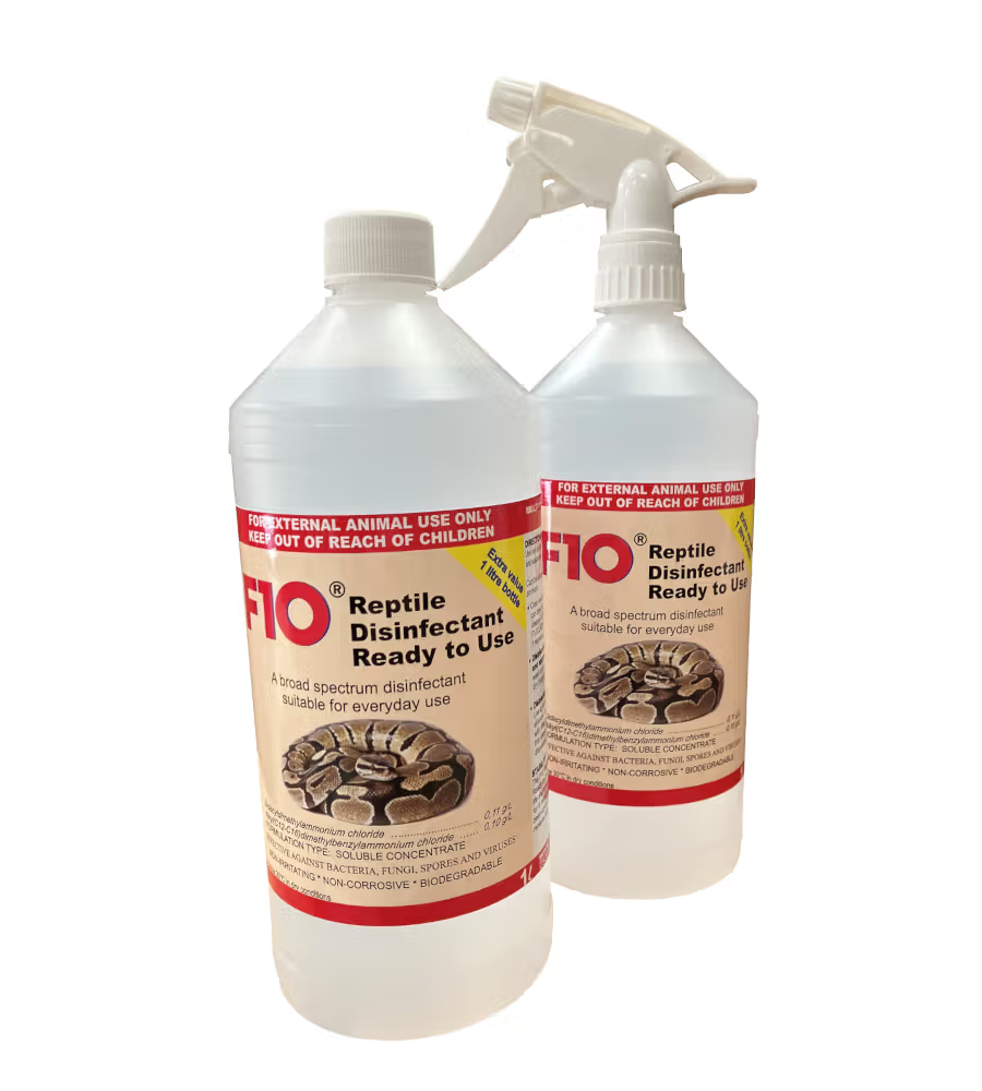 A 1 Litre bottle of F10 Ready to Use Reptile Disinfectant featuring a green trigger spray top and clear reptile-safe instructions on the label.