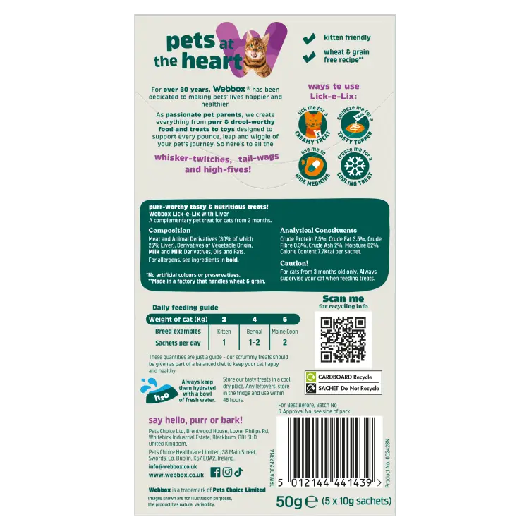 Webbox Lick-e-Lix Liver Cat Treats 5 Pack back of carton
