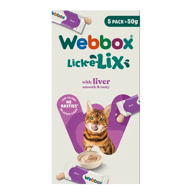 Webbox Lick-e-Lix Liver Cat Treats 5 Pack front of carton