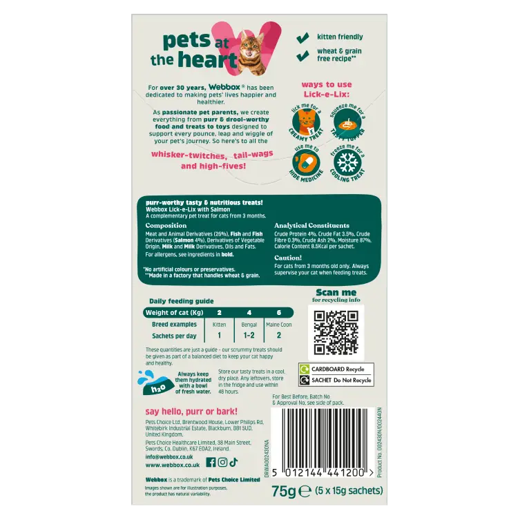 Webbox Lick-e-Lix Salmon Cat Treats 5 Pack back of carton