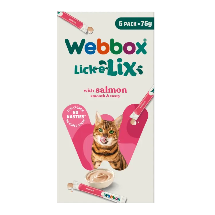 Webbox Lick-e-Lix Salmon Cat Treats 5 Pack front of carton