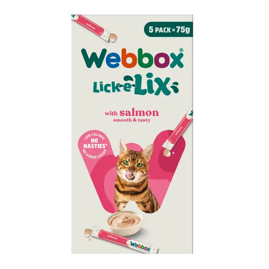 Webbox Lick-e-Lix Salmon Cat Treats 5 Pack front of carton