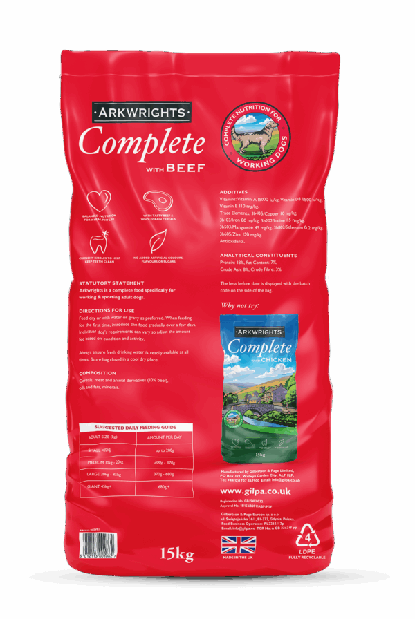 Arkwrights Complete Beef Working Dog Food - back of pack
