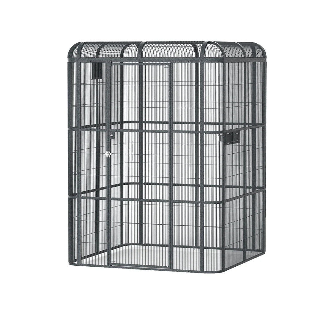 A massive, charcoal-black Rainforest Cages walk-in bird aviary featuring heavy-duty mesh panels and a large front security door.