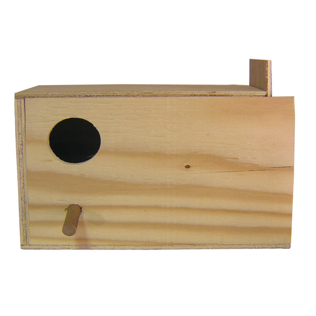 Wooden-style budgie nest box measuring 24cm wide by 15cm high.