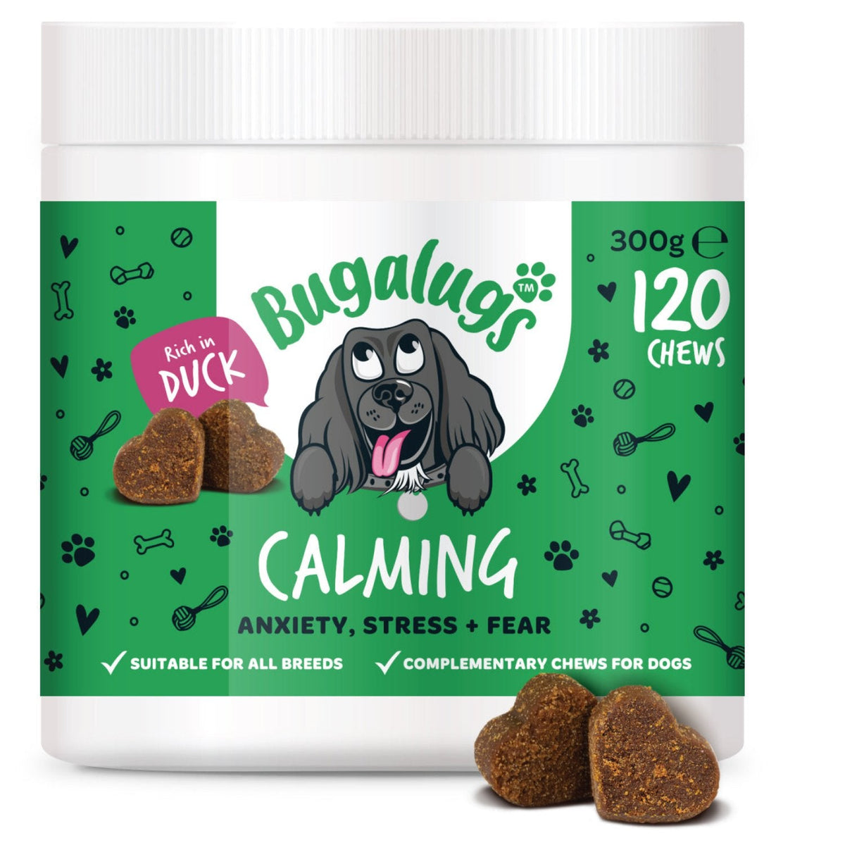 Bugalugs Calming Chews, Duck flavour, 120 chews tub