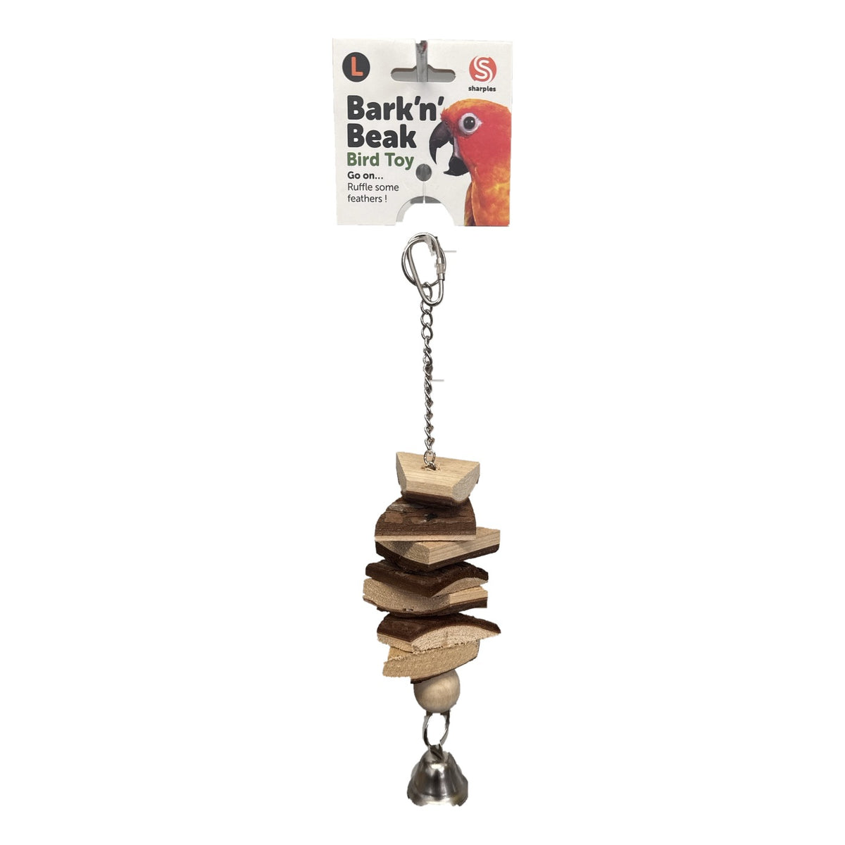 Sharples Bark N Beak 30cm hanging wooden bird toy with chain, clip and bell, shown with its pack label