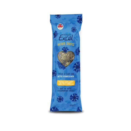 A compressed Burgess Excel Timothy hay forage bar topped with bright blue and purple cornflower petals.