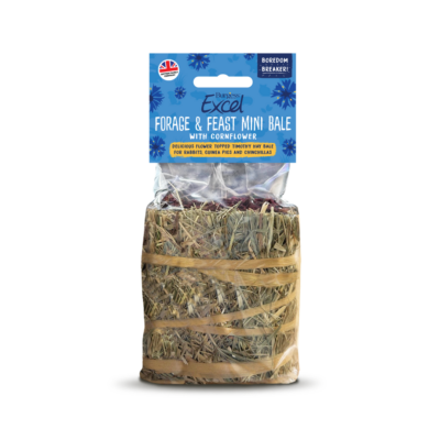 Pack of Burgess Excel Forage & Feast Mini Hay Bale with Cornflower, a foraging treat for small pets