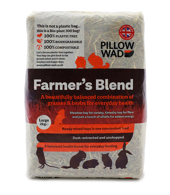 Pillow Wad Farmers Blend hay bag, green and textured traditional meadow hay for small animals, available at Fur & Feathers Grimsby.