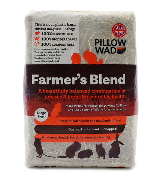 Pillow Wad Farmers Blend hay bag, green and textured traditional meadow hay for small animals, available at Fur & Feathers Grimsby.