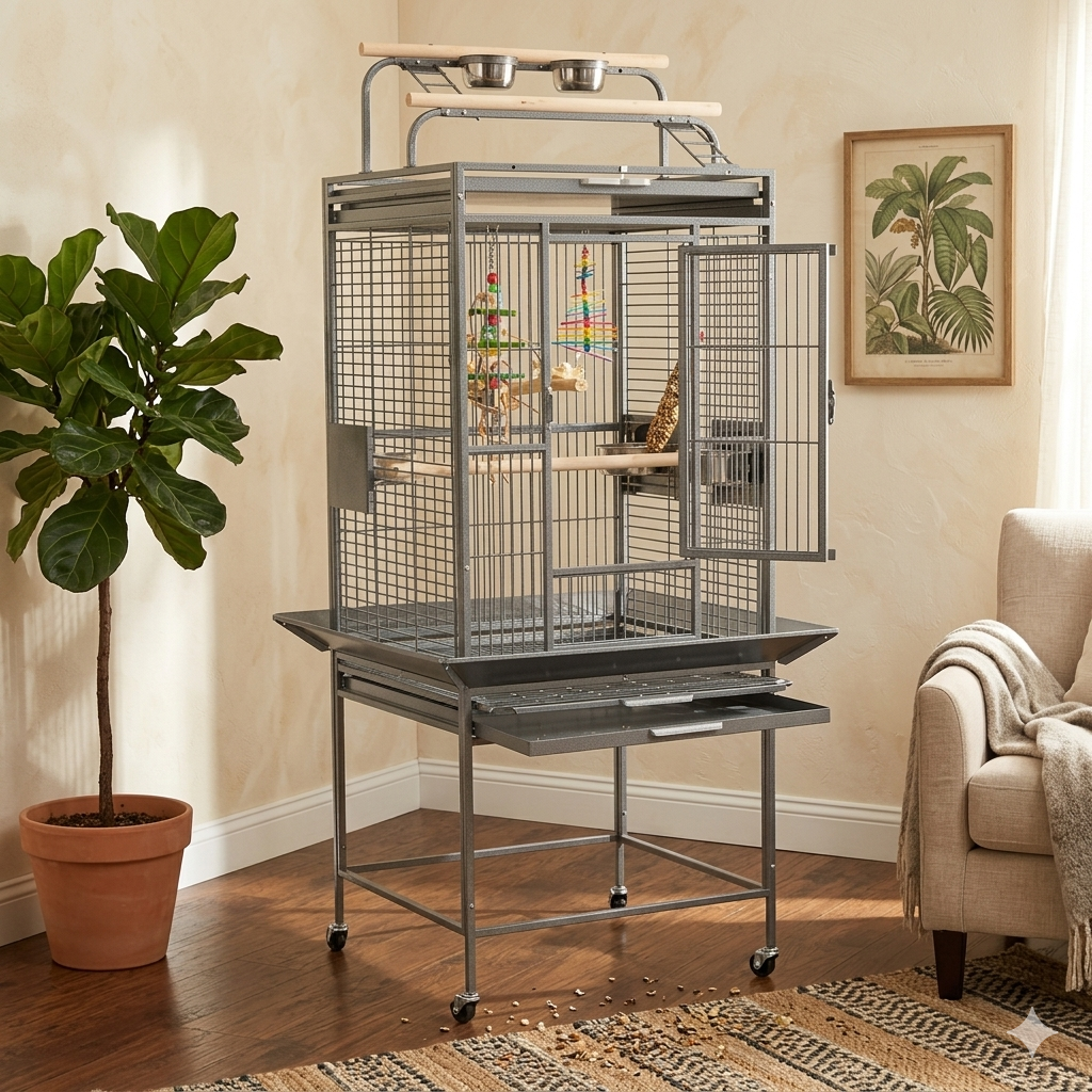 Large silver Bolivia bird cage with an integrated play-top roof, featuring perches and stainless steel feeding bowls on a rolling stand with a seed catcher tray.