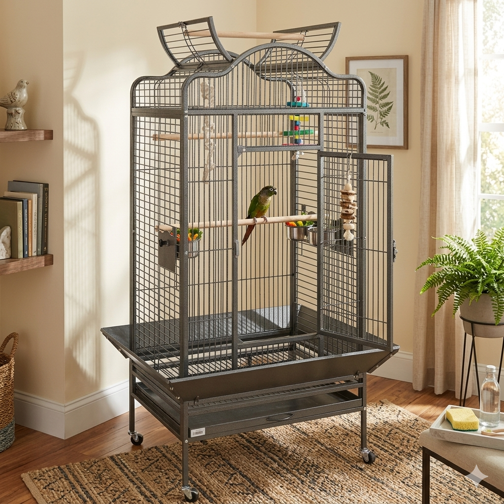A Liberta Voyager bird cage in Antique finish, showing the open-top play area and the secure front door lock.