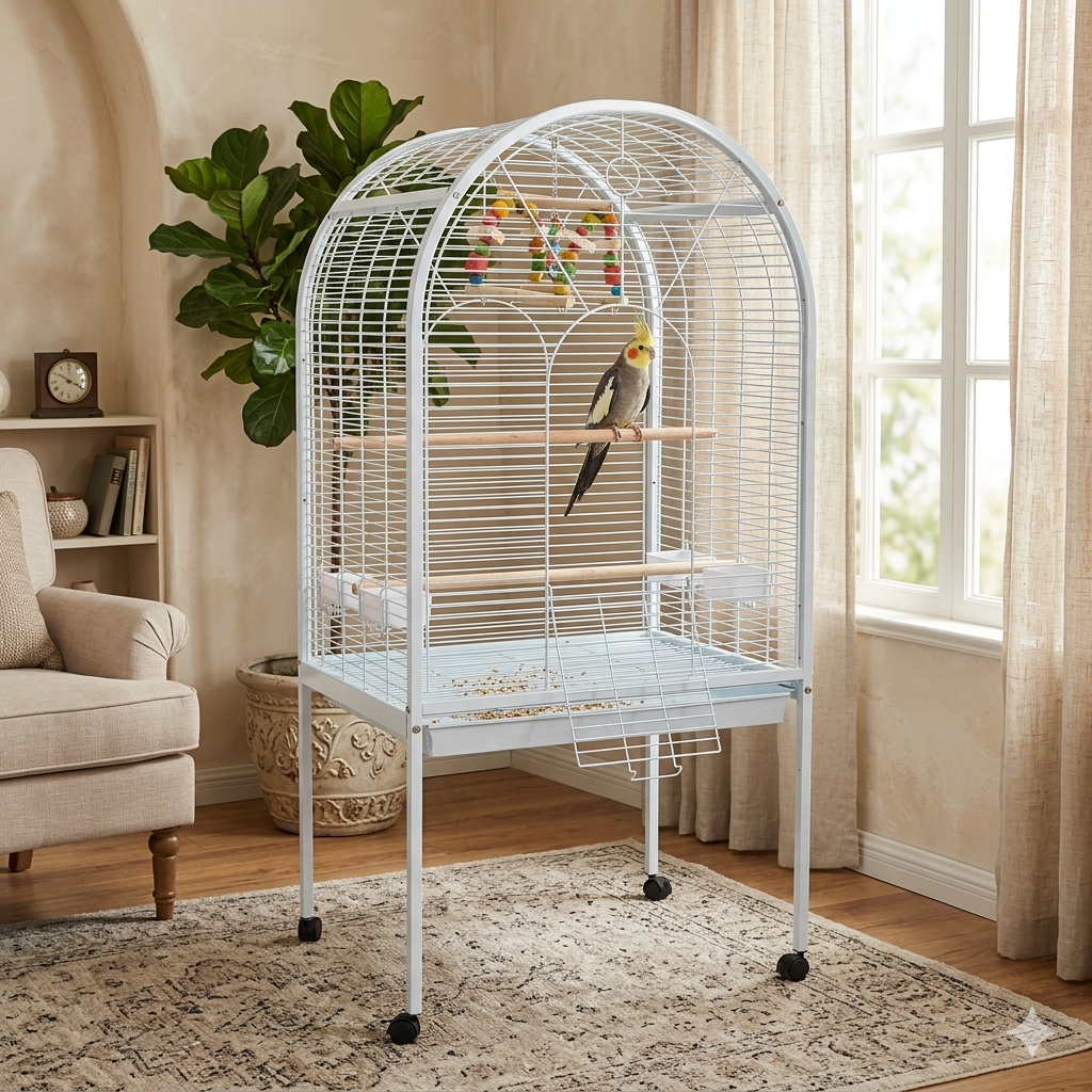 Liberta Apollo bird cage with open-top play area and storage stand in a neutral stone finish.