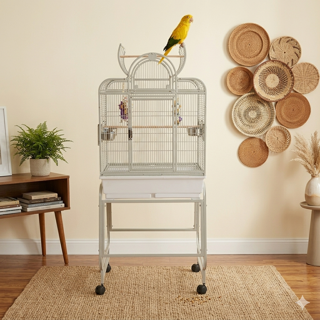Rainforest Santa Fe bird cage showing the front landing door folded down and the internal feeding bowls.