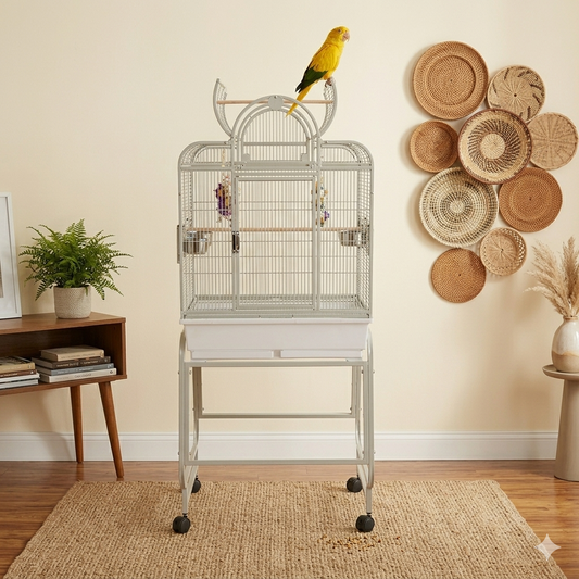 Rainforest Santa Fe bird cage showing the front landing door folded down and the internal feeding bowls.