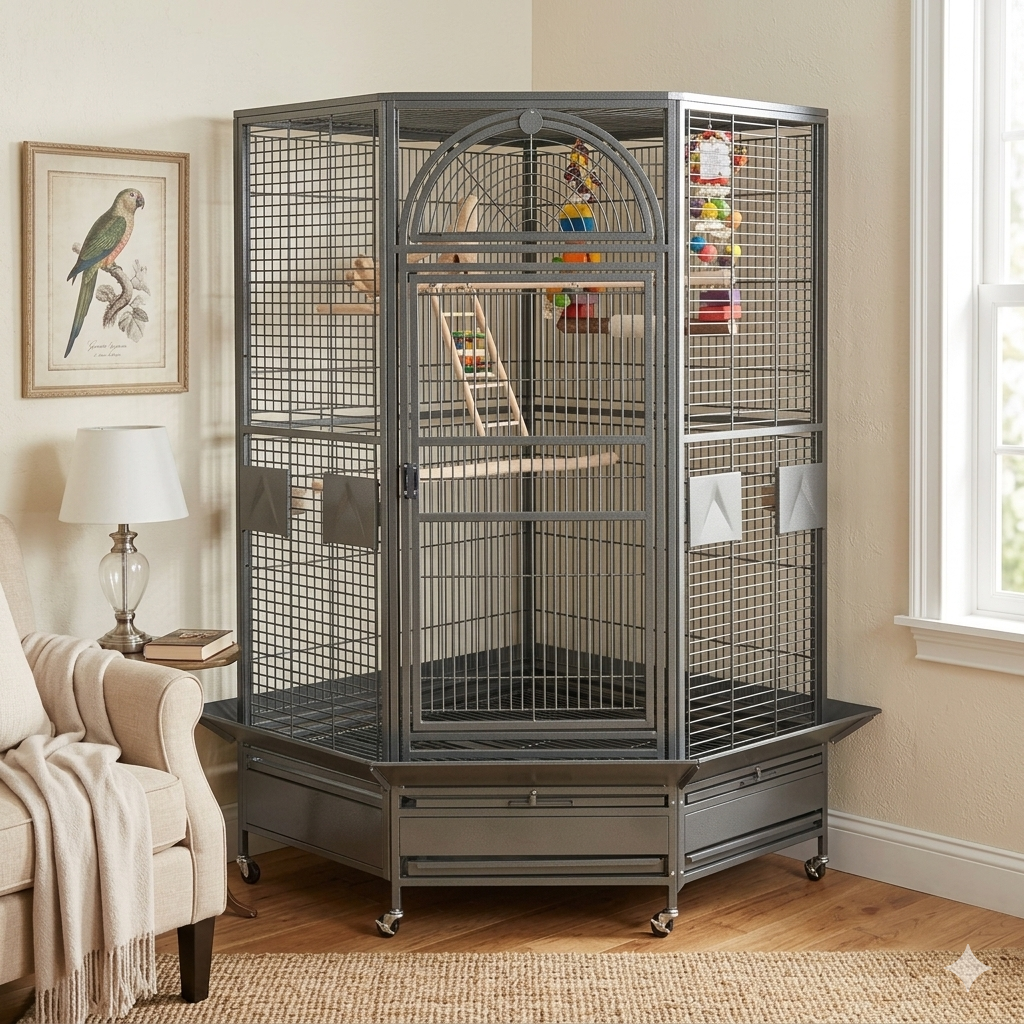 Rainforest Toronto II corner parrot cage in Antique finish, showing the large front door and hexagonal corner design.