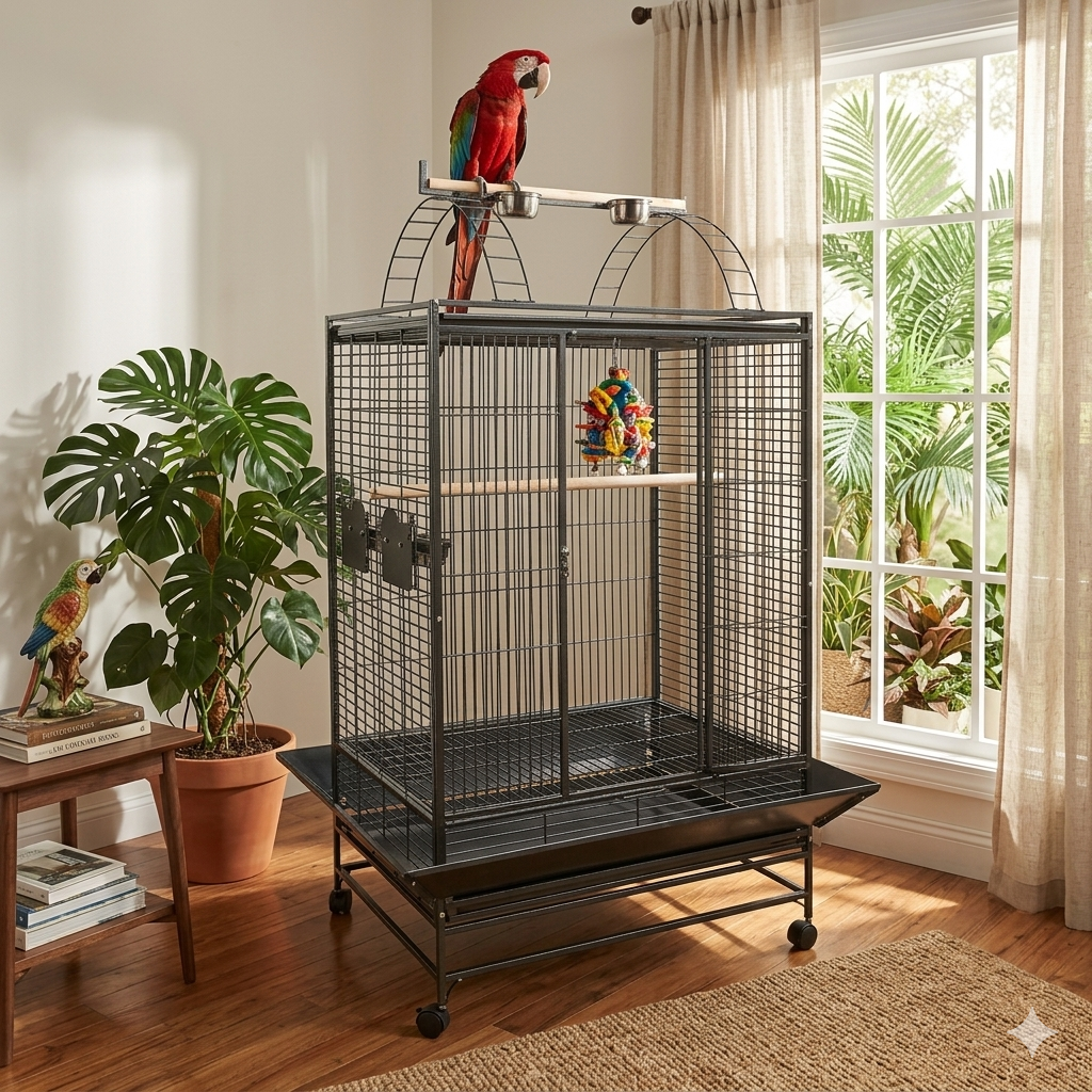 The Rainforest Belize is a premium play-top cage for large parrots. Featuring 2 cm bar spacing, secure locks, and a durable non-toxic finish.