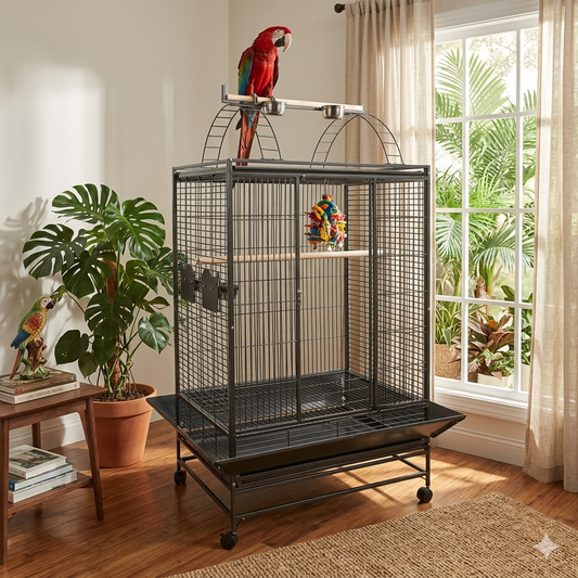 The Rainforest Belize is a premium play-top cage for large parrots. Featuring 2 cm bar spacing, secure locks, and a durable non-toxic finish.