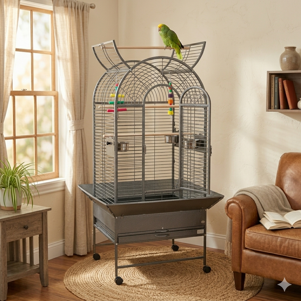 A Liberta Cortes parrot cage in Antique finish, showing the open-roof play area and secure front door.