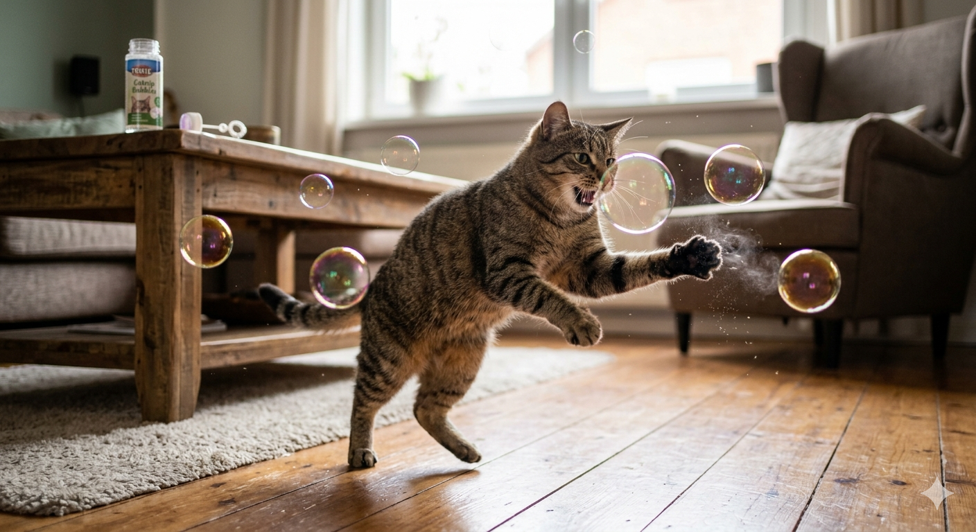 Cat playing with bubbles on a wooden floor in a living room.